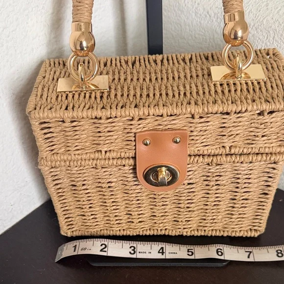 Urban Expressions Woven Mini Top-Handle Bag in Natural Tan with Gold Hardware. - Picture 8 of 11